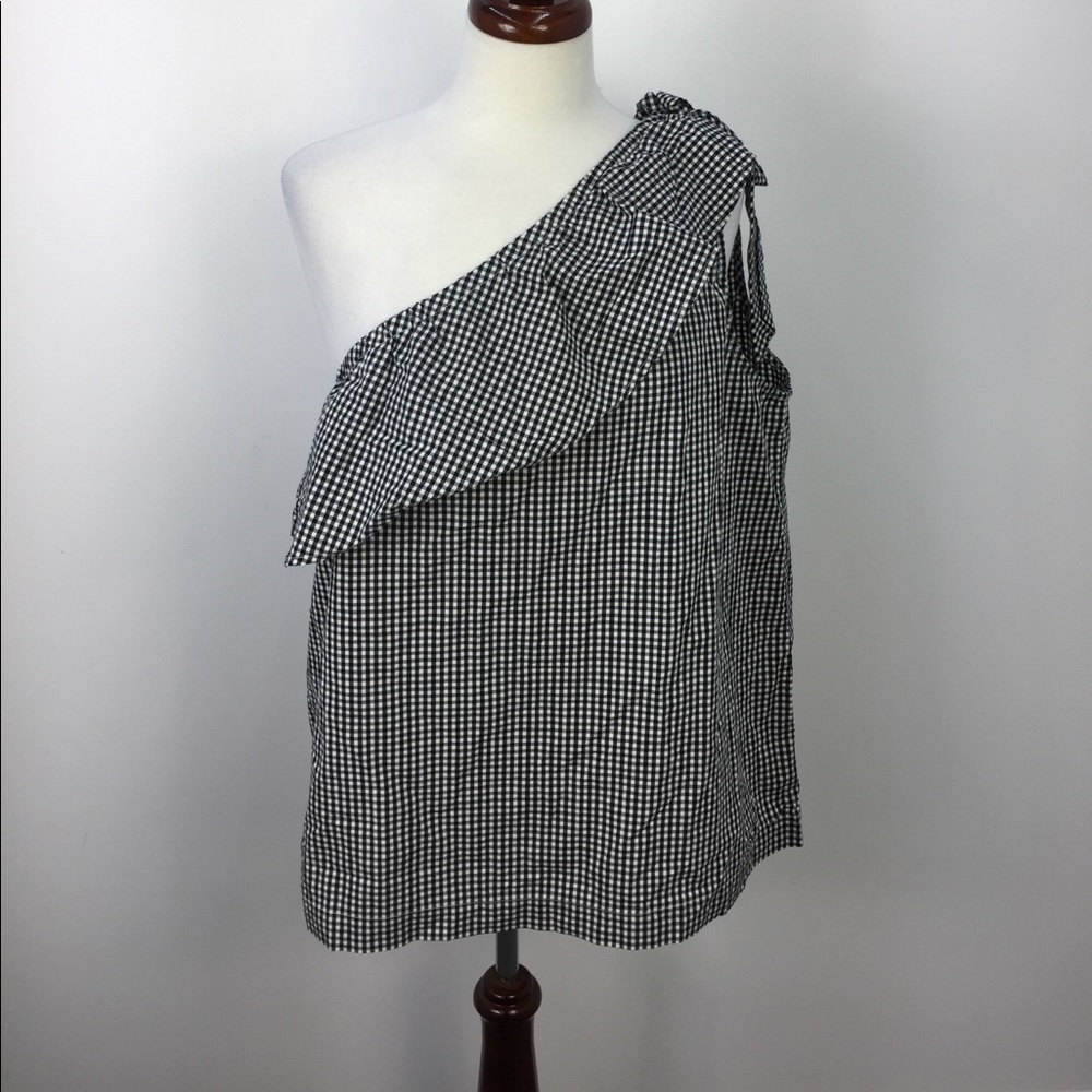 Women’s One-Shoulder Gingham Ruffle Top - Black/White